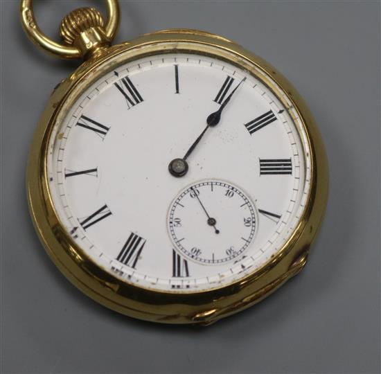 An early 20th century 18ct open face mid size keyless pocket watch.